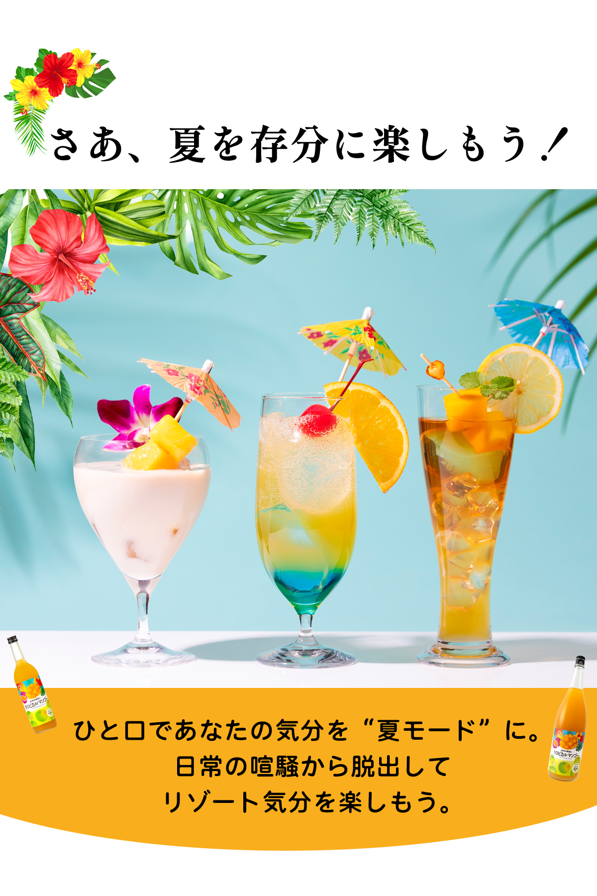 南国フルーツの香りが一口で気分を「夏モード」に切り替えてくれる、トロピカル梅酒です。中野BCのトロピカル梅酒で、夏を存分に楽しみませんか？